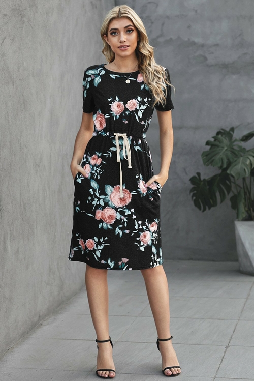 Casual Black Short Sleeve Pocketed Drawstring Midi Floral Dress