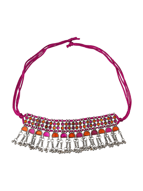 Ethnic Oxidised Pink & Silver Beaded Choker Necklace for Women