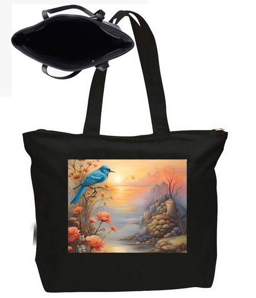 Birds and Flowers Large New Zipper Tote Bag