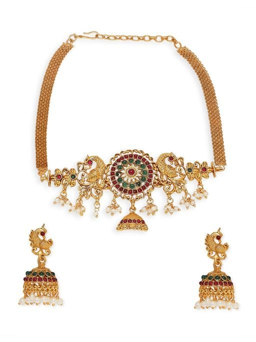 Antique Gold Tone Red & Green Stone Choker Necklace Set with Drop