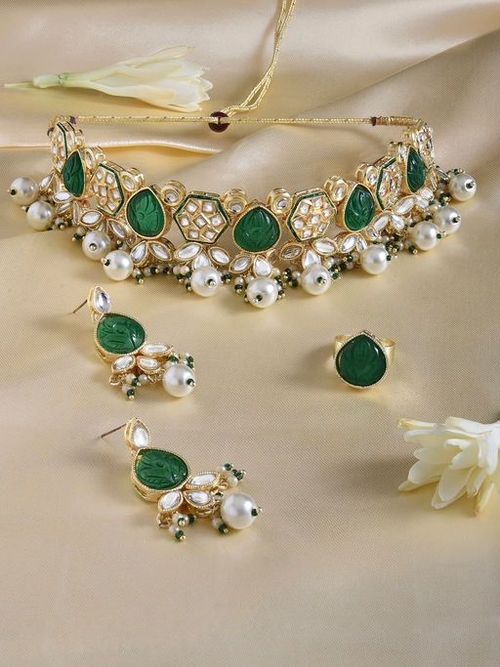 Green Stones Dazzling Kundan Necklace Earring & Ring Set