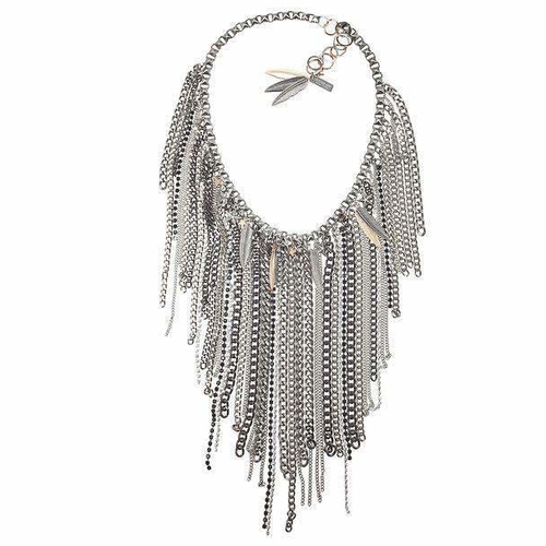 Chain fringe necklace with antique silver ad brass chains, studs,