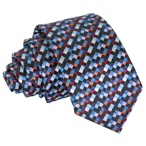 Chequered Geometric Slim Tie - Black with Blue, Burgundy and Bronze