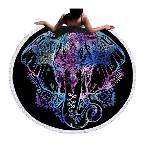 Bohemian Elephant Round Beach Towel Indian Tassel