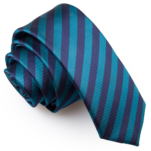 Thin Stripe Skinny Tie - Navy Blue & Teal