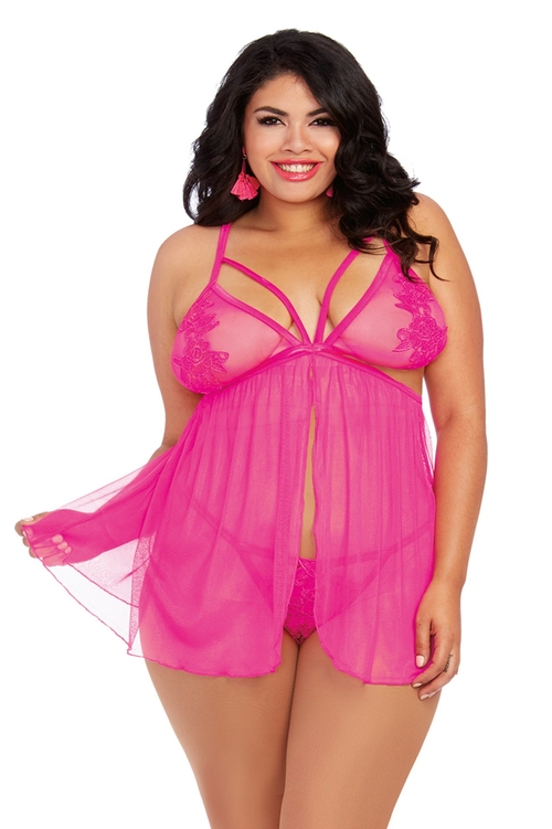 Babydoll and G-String - Queen Size - Hot Pink