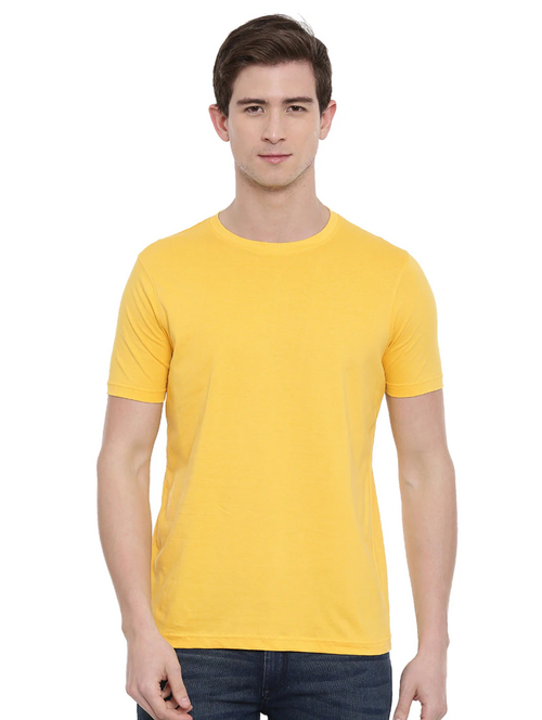 Men Solid Half Sleeves Round Neck Cotton Yellow T-Shirt (Size L)