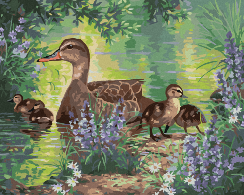 Paint by Numbers - A DUCK WITH HATCHLINGS ON A LAKE AND FLOWERS