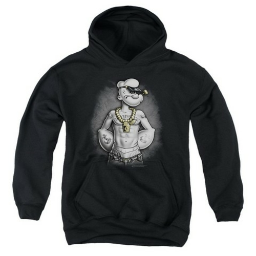 Trevco Popeye-Hardcore Youth Pull-Over Hoodie, Black - Small