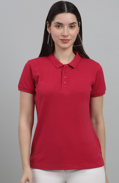 Women Solid Polo Collar T-shirt (ColorRani Pink) (Size XL)