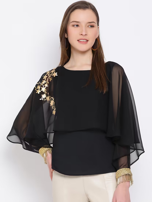 Women'S Layered Round Neck Top (Size-L) (Color-Black)