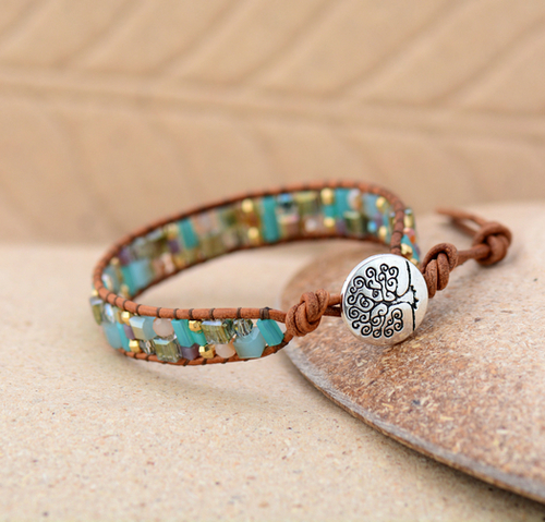 Bling Mixed Crystal Gold Beads Single Leather Wrap