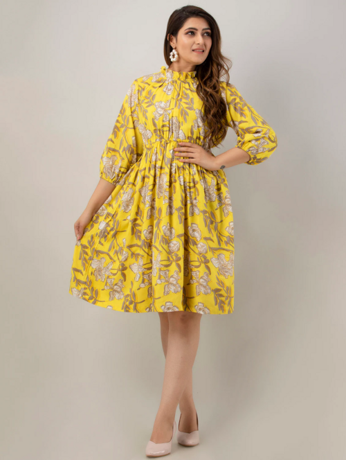 Women Fit and Flare Yellow Dress (Size XL)