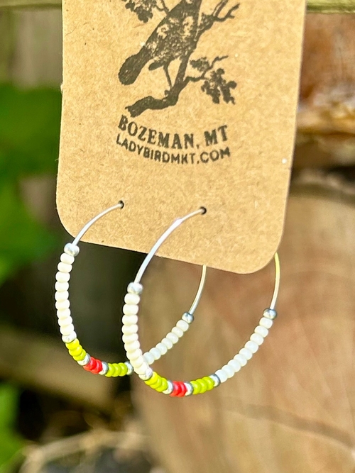 White & Lime Green Southwest-Patterned Beaded Hoop Earrings