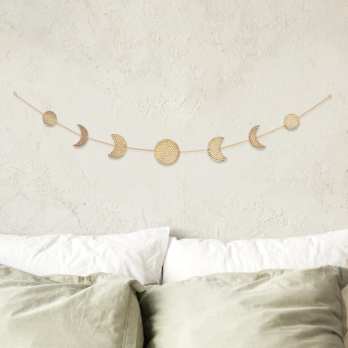 Moon Phase Wall Decor Hanging Garland   7 Gold Hammered Metal Boho