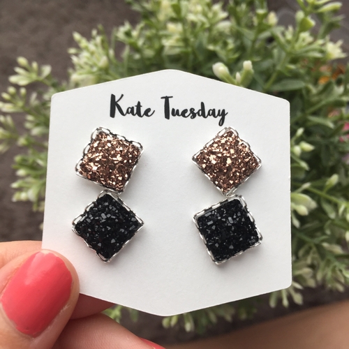 Double Rose Gold + Black Druzy Earrings