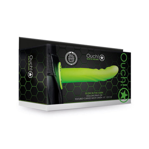 Ouch! Textured Curved 8 in. Glow in the Dark Hollow Strap-On Neon