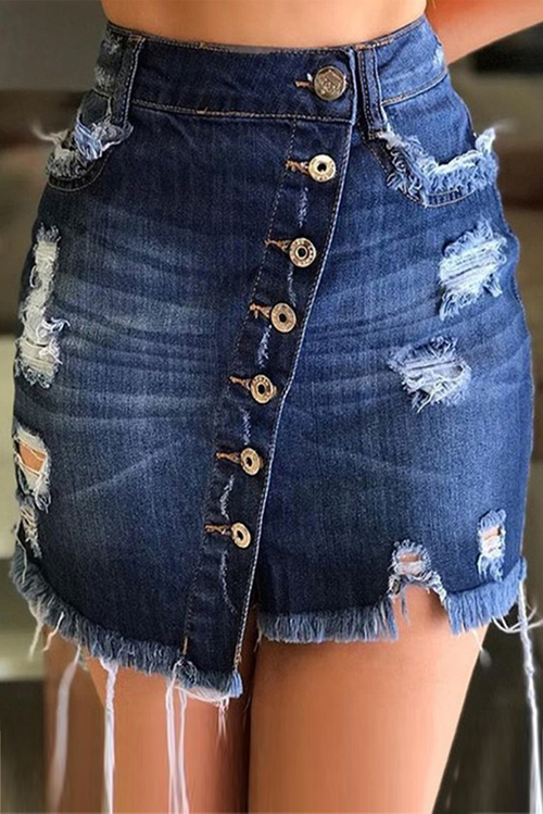 Dark Blue Distressed Button Front Ripped A-Line Denim Short Skirt