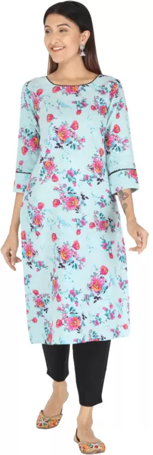 Women Floral Print Viscose Rayon Straight Kurta  (Light Blue) Size M
