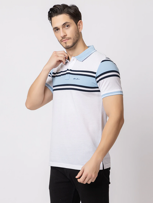 Men Striped Polo T-Shirt (Size-S) (Color-Light Blue&White)