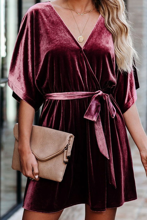 Burgundy V-neck Half Sleeve Velvet Mini Dress with Belt