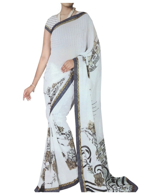 Chiffon Digital Color Printed Saree-White