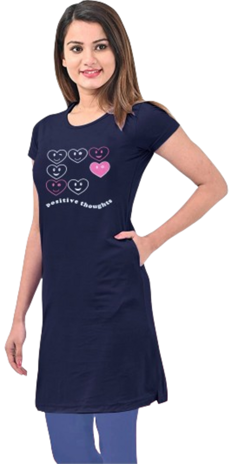 Women's Navy Blue Long Round Neck Tshirt with Two Size Cut Size M