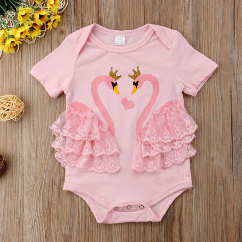 Cute Infant Baby Girls Swan Pattern Bodysuit