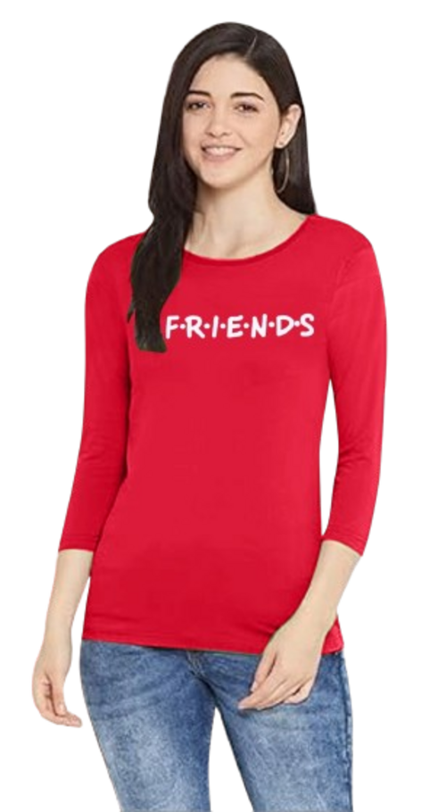 Women's Red Round Neck 3/4 Sleeves Tshirt Size L