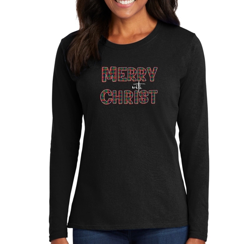 Womens Long Sleeve Graphic T-shirt - Merry with Christ - Red and Green