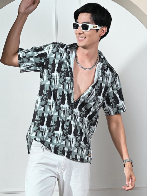 Abstract Printed Casual Half Sleeves Mens Shirt (Size-M) (Color-SEA