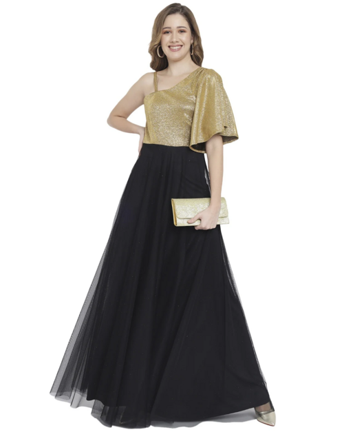 Shimmer Net Gown Dress (Size-XL) (Color-BLACK&GOLDEN)