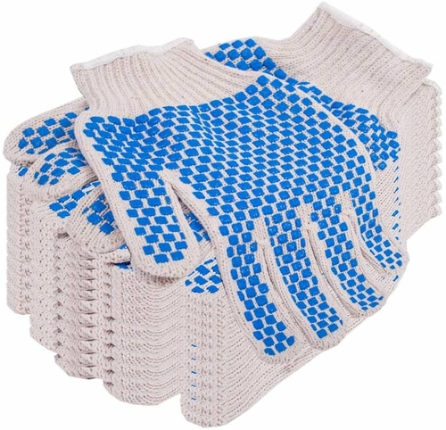 Pack of 24 String Knit Gloves with Blue Blocks on Two Sides L size