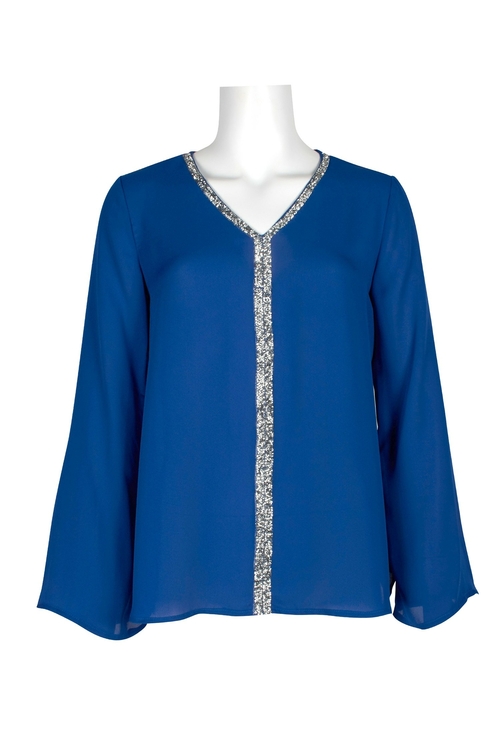 Spense Embellished V-Neck Long Sleeve Polyester Top