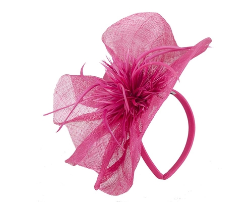 Fuchsia sinamay racing fascinator with feather flower