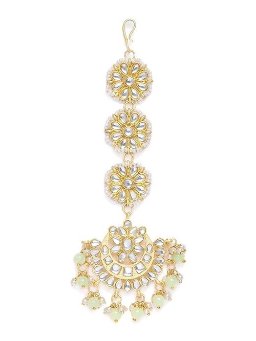 Gold Plated Matte Finish Traditional Pearls Kundan Studded Maang Tikka