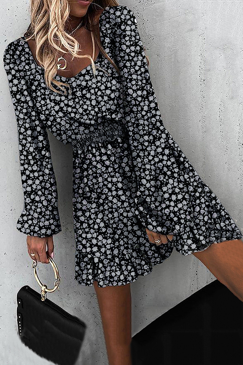 Classic Elastic Waist Ruffled Floral Dress