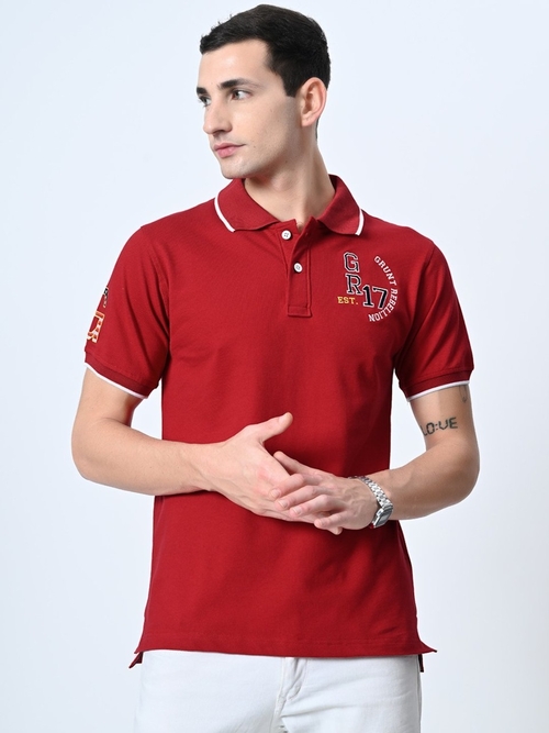 Men's Printed Pure Cotton Polo T-Shirt (Color Red) (Size XL)