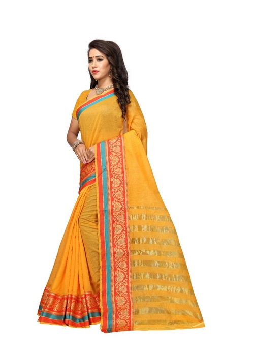 Generic Women's Cotton Silk Saree(Yellow, 5.5-6