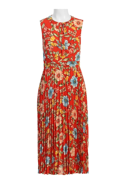 Donna Morgan Crew Neck Sleeveless Tie Neck Accordion Pleat Zipper Back