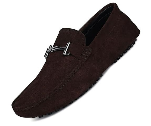 Men's Brunette Brown Italian Leather Suede Loafer Moccasins with