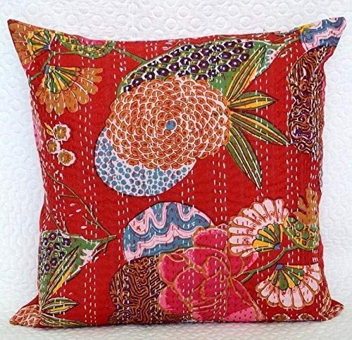 Cotton Kantha Embroidery Cushion Cover (16x16-inches) (Set of 1, Red)