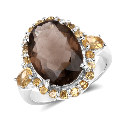 6.72 Carat Genuine Smoky Quartz and Citrine .925 Sterling Silver Ring