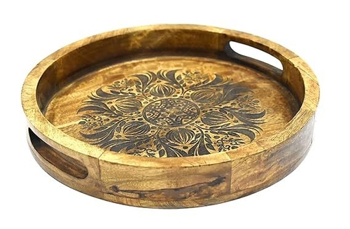 Decorative Round Wooden Tray for Decor - Beautiful Mango Wood Tray for