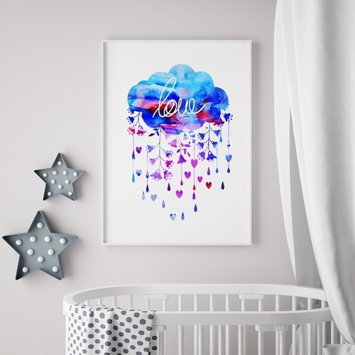 Watercolor Cloud And Rain With Heart Wall Art