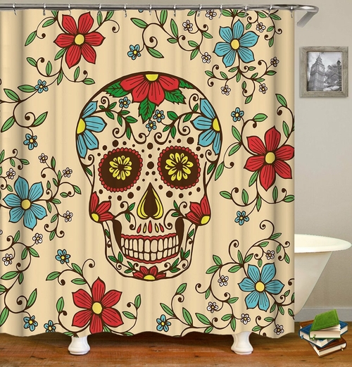 Red And Blue Flowers Skull Shower Curtain