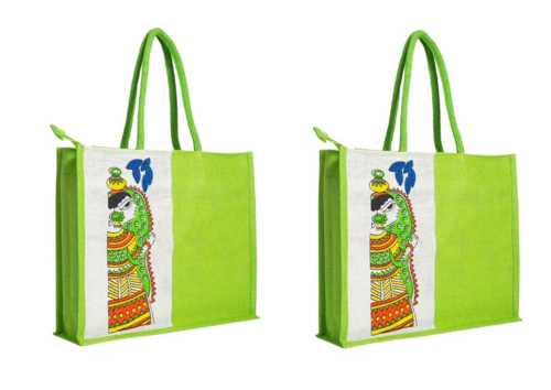 Mehendi green durga printed Jute bag PACK OF 2