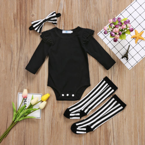 3PCS Infant Baby Girls Outfit Clothes Round Neck