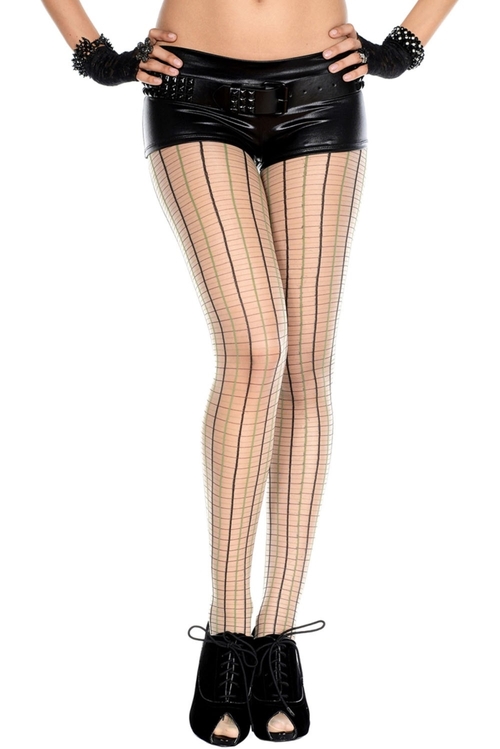 7135-BEIGE-GREEN Multi Color Plaid Sheer Pantyhose, Beige & Green