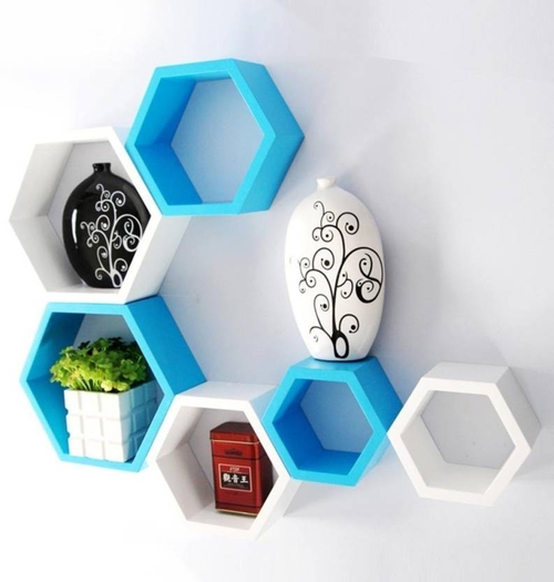 DECORASIA Hexagon Shape Wooden Wall Shelf  Blue & White